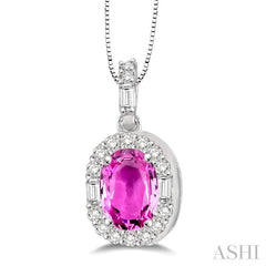 6x4 MM Oval Shape Pink Sapphire and 1/4 Ctw Diamond Precious Pendant in 14K White Gold with Chain