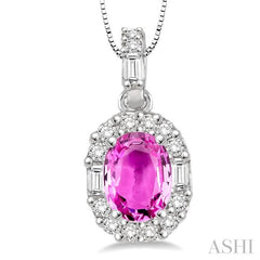 6x4 MM Oval Shape Pink Sapphire and 1/4 Ctw Diamond Precious Pendant in 14K White Gold with Chain