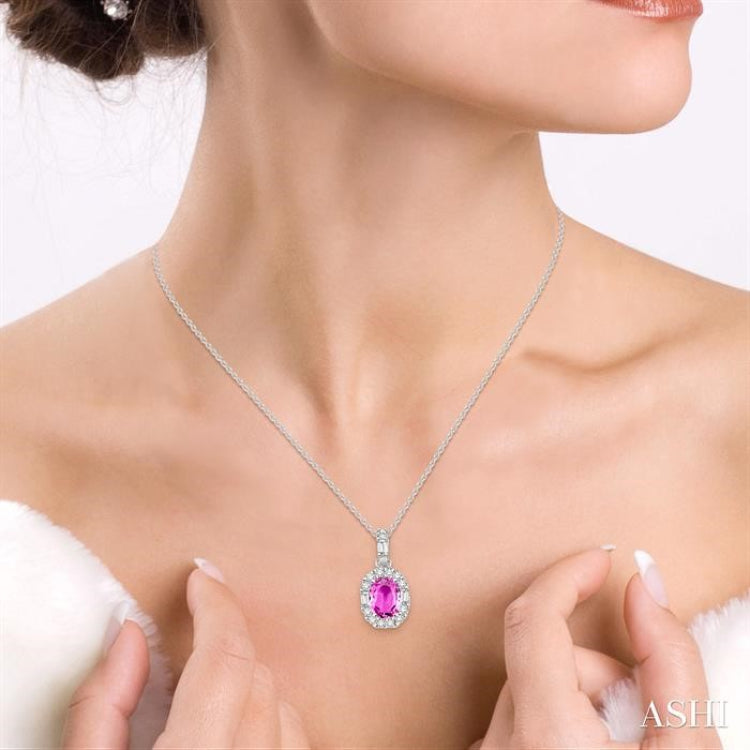 6x4 MM Oval Shape Pink Sapphire and 1/4 Ctw Diamond Precious Pendant in 14K White Gold with Chain