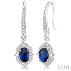 5x3 MM Oval Shape Sapphire and 1/3 Ctw Round Cut Diamond Precious Earrings in 14K White Gold