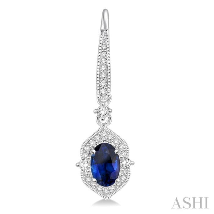 5x3 MM Oval Shape Sapphire and 1/3 Ctw Round Cut Diamond Precious Earrings in 14K White Gold