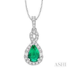 7x5 MM Pear Shape Emerald and 1/3 Ctw Diamond Precious Pendant in 14K White Gold with Chain