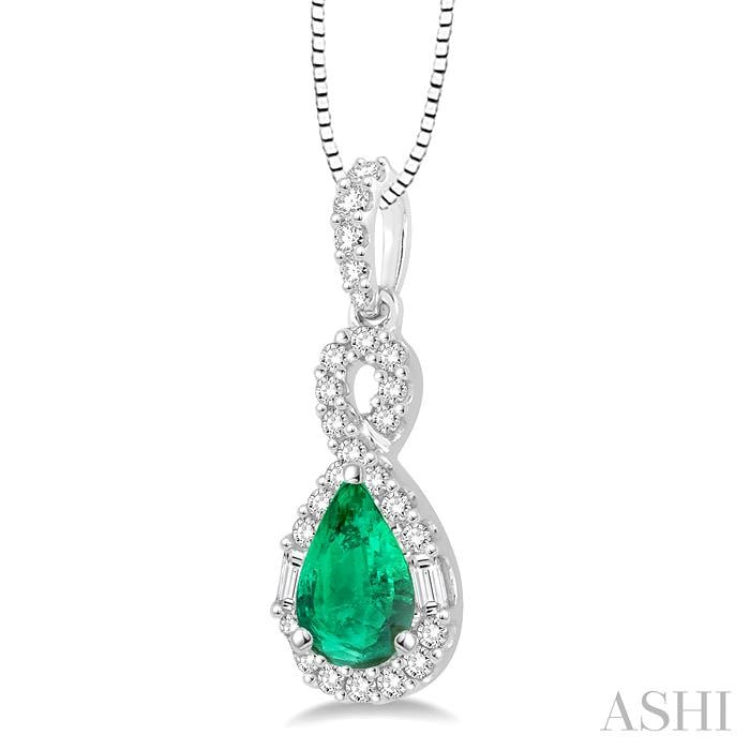 7x5 MM Pear Shape Emerald and 1/3 Ctw Diamond Precious Pendant in 14K White Gold with Chain