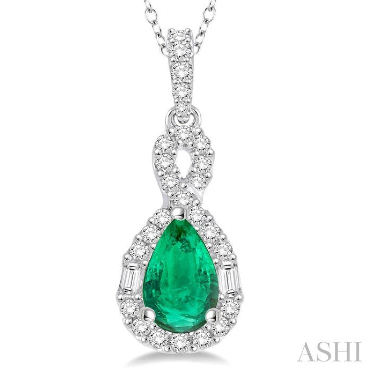 7x5 MM Pear Shape Emerald and 1/3 Ctw Diamond Precious Pendant in 14K White Gold with Chain