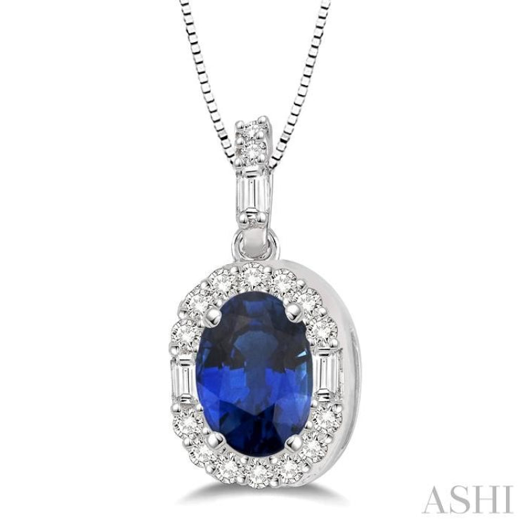 6x4 MM Oval Shape Sapphire and 1/4 Ctw Diamond Precious Pendant in 14K White Gold with Chain