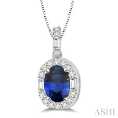 6x4 MM Oval Shape Sapphire and 1/4 Ctw Diamond Precious Pendant in 14K White Gold with Chain