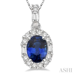 6x4 MM Oval Shape Sapphire and 1/4 Ctw Diamond Precious Pendant in 14K White Gold with Chain