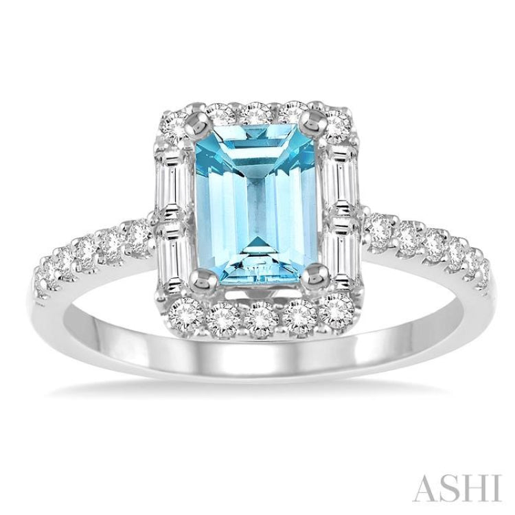 7x5 MM Emerald Cut Aquamarine and 1/2 Ctw Diamond Semi Precious Ring in 14K White Gold