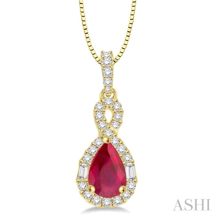 7x5 MM Pear Shape Ruby and 1/3 Ctw Diamond Precious Pendant in 14K Yellow Gold with Chain