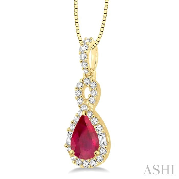 7x5 MM Pear Shape Ruby and 1/3 Ctw Diamond Precious Pendant in 14K Yellow Gold with Chain