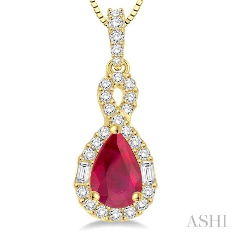 7x5 MM Pear Shape Ruby and 1/3 Ctw Diamond Precious Pendant in 14K Yellow Gold with Chain