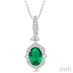 6x4 MM Oval Shape Emerald and 1/5 Ctw Diamond Precious Pendant in 14K White Gold with Chain