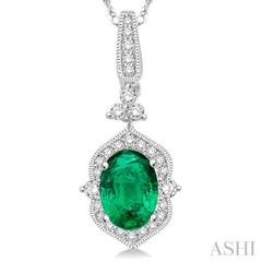 6x4 MM Oval Shape Emerald and 1/5 Ctw Diamond Precious Pendant in 14K White Gold with Chain