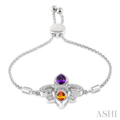 1/20 Ctw Marquise 10x5 MM Amethyst & 8x4 MM Citrine Round Diamond Fleur De Lis Sterling Silver Lariat Bracelet