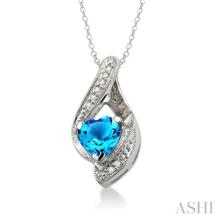 7x7 MM Heart Shape Blue Topaz and 1/20 Ctw Single Cut Diamond Pendant in Sterling Silver with Chain