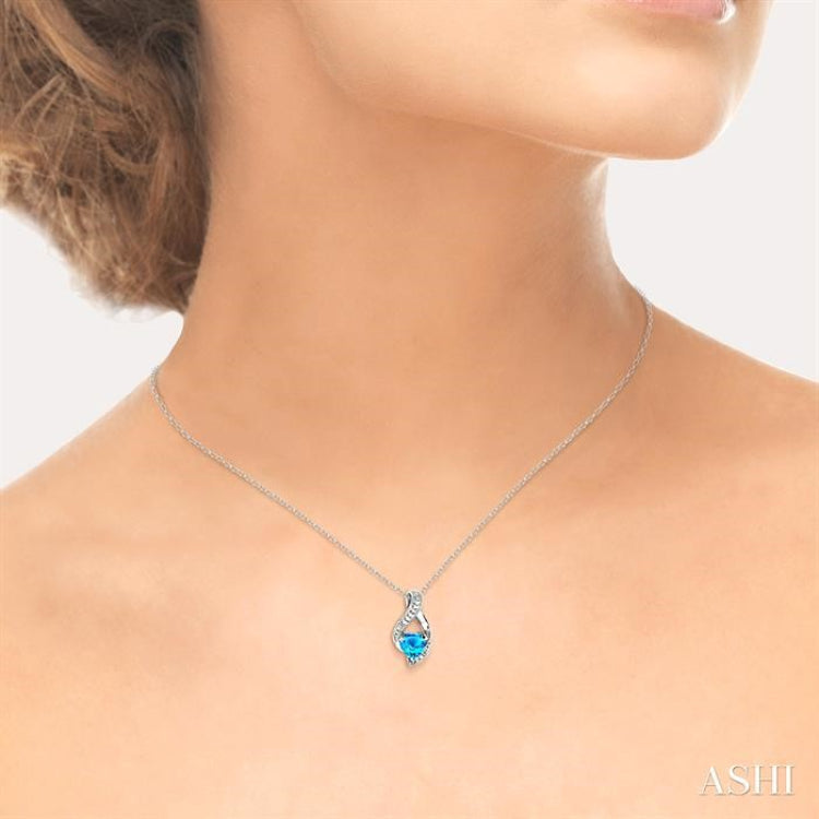 7x7 MM Heart Shape Blue Topaz and 1/20 Ctw Single Cut Diamond Pendant in Sterling Silver with Chain