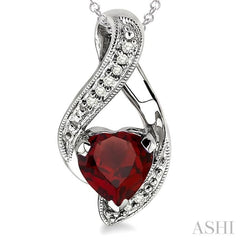 7x7 MM Heart Shape Garnet and 1/20 Ctw Single Cut Diamond Pendant in Sterling Silver with Chain