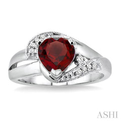 7x7 MM Heart Shape Garnet and 1/20 Ctw Single Cut Diamond Ring in Sterling Silver