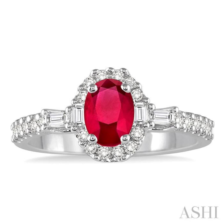 6x4 MM Oval Shape Ruby and 3/8 Ctw Diamond Precious Ring in 14K White Gold