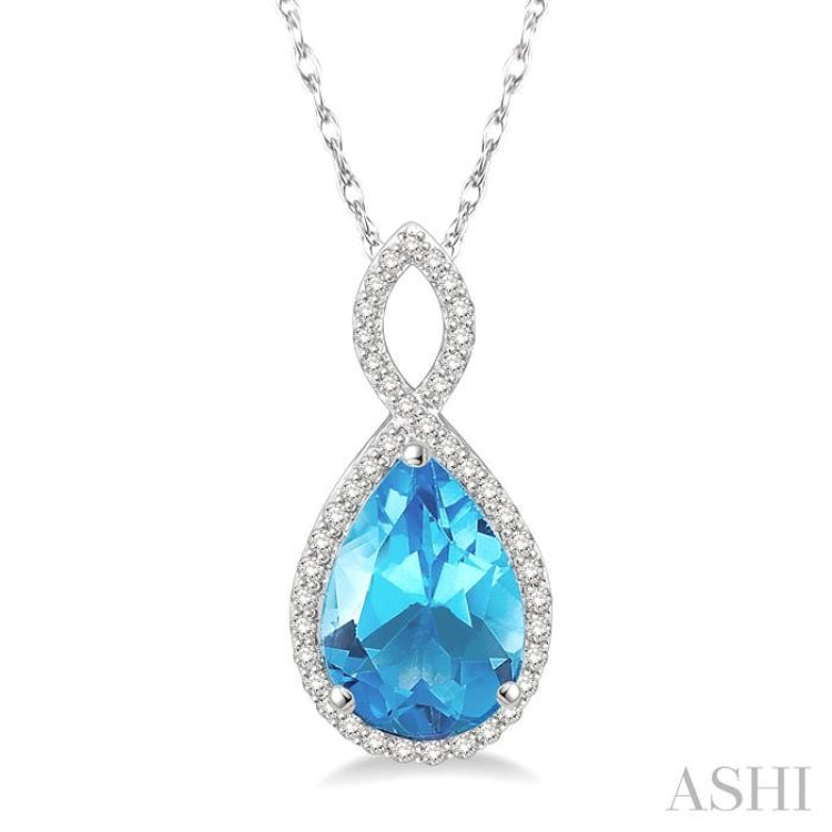 1/4 Ctw Round Cut Diamond and Entwined Pear Cut 12x8 MM Blue Topaz Semi Precious Pendant in 10K White Gold with chain