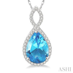 1/4 Ctw Round Cut Diamond and Entwined Pear Cut 12x8 MM Blue Topaz Semi Precious Pendant in 10K White Gold with chain