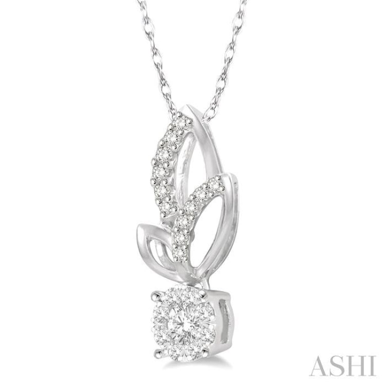 1/6 Ctw Leafy Round Cut Diamond Lovebright Pendant With Link Chain in 14K White Gold