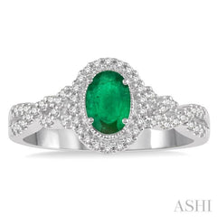 1/5 Ctw Oval Shape 6x4 MM Emerald & Round Cut Diamond Precious Ring in 10K White Gold