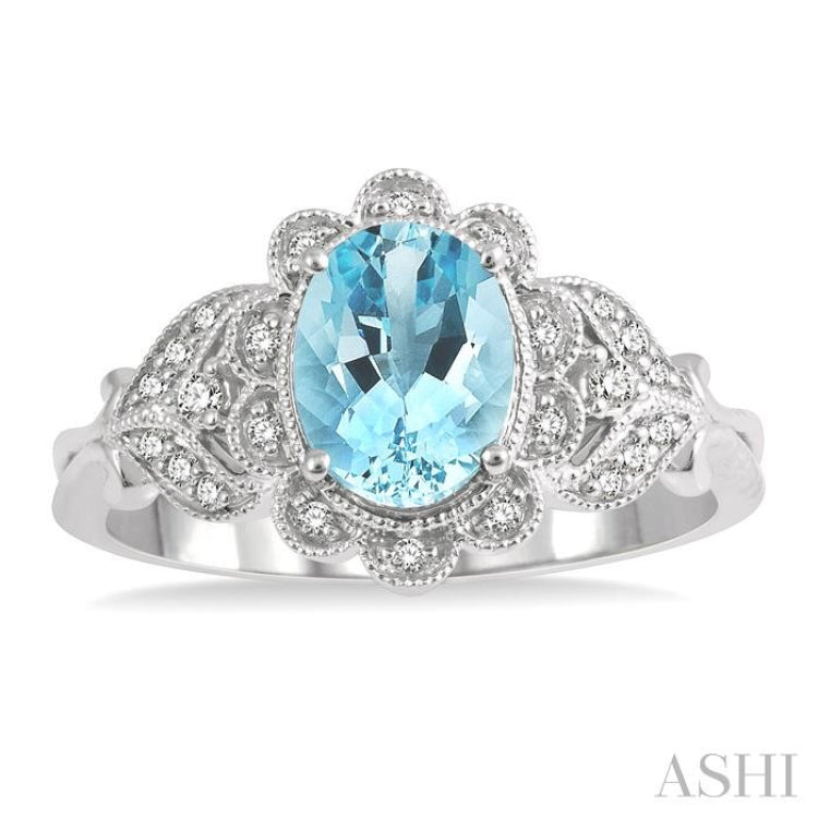 1/6 Ctw Floral Lattice Round Cut Diamond and 8x6MM Oval Cut Aquamarine Precious Ring in 10K White Gold