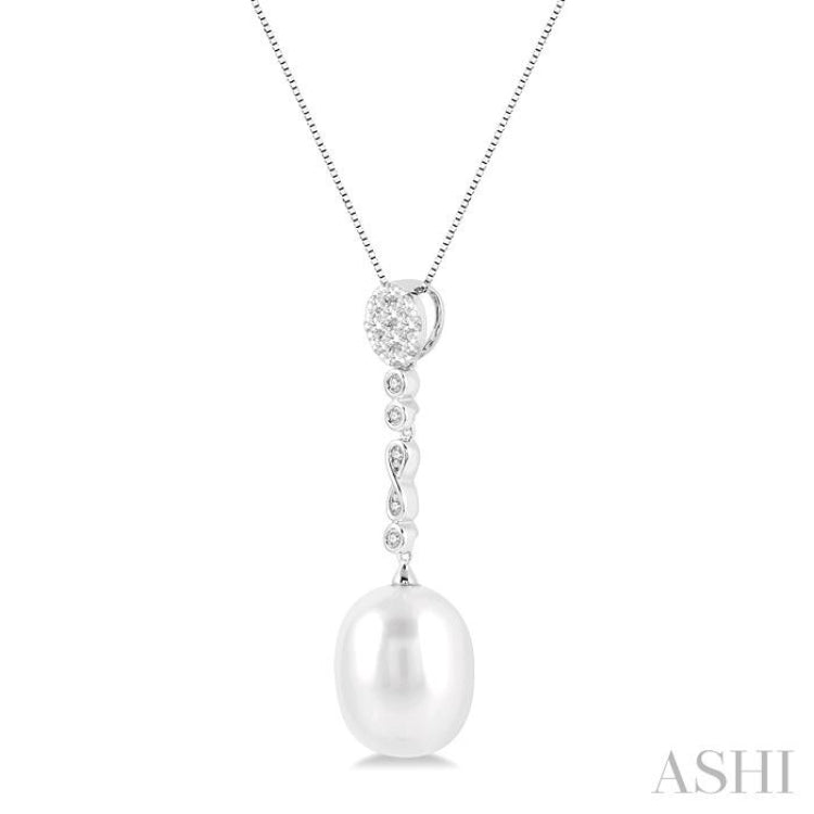 1/5 ctw Hanging Round Cut Diamond and 12x10MM Cultured Pearl Drop Lovebright Pendant With Chain in 14K White Gold