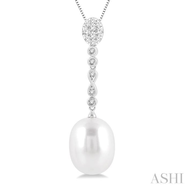 1/5 ctw Hanging Round Cut Diamond and 12x10MM Cultured Pearl Drop Lovebright Pendant With Chain in 14K White Gold