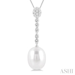 1/5 ctw Hanging Round Cut Diamond and 12x10MM Cultured Pearl Drop Lovebright Pendant With Chain in 14K White Gold