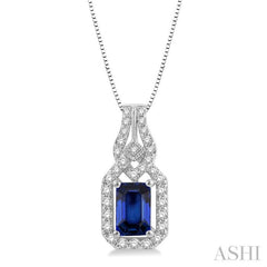 1/5 Ctw Interlocking Round Cut Diamond & 6x4 MM Emerald Shape Sapphire Precious Pendant With Chain in 14K White Gold