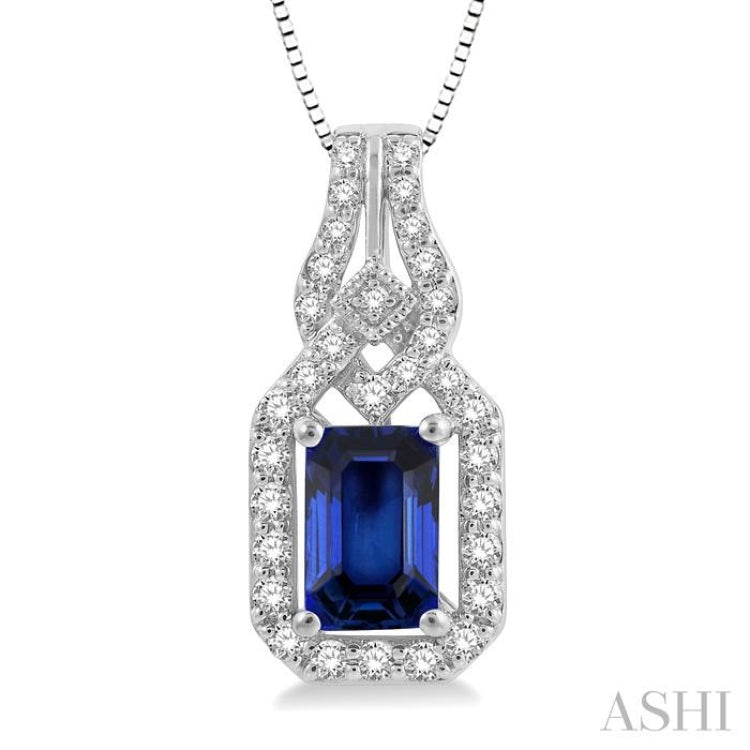 1/5 Ctw Interlocking Round Cut Diamond & 6x4 MM Emerald Shape Sapphire Precious Pendant With Chain in 14K White Gold