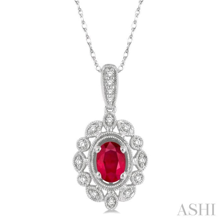 1/8 Ctw Lattice Round Cut Diamond & 6x4 MM Oval Cut Ruby Precious Pendant With Chain in 10K White Gold