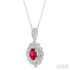 1/8 Ctw Lattice Round Cut Diamond & 6x4 MM Oval Cut Ruby Precious Pendant With Chain in 10K White Gold