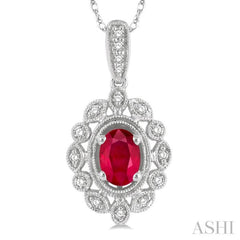 1/8 Ctw Lattice Round Cut Diamond & 6x4 MM Oval Cut Ruby Precious Pendant With Chain in 10K White Gold