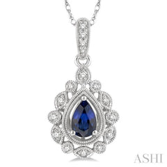 1/8 Ctw Lattice Round Cut Diamond & 6x4 MM Pear Cut Sapphire Precious Pendant With Chain in 10K White Gold