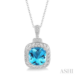 1/50 Ctw Round Cut Diamond & 10x10 MM Cushion Shape Blue Topaz Semi-Precious Pendant With Chain in Sterling Silver