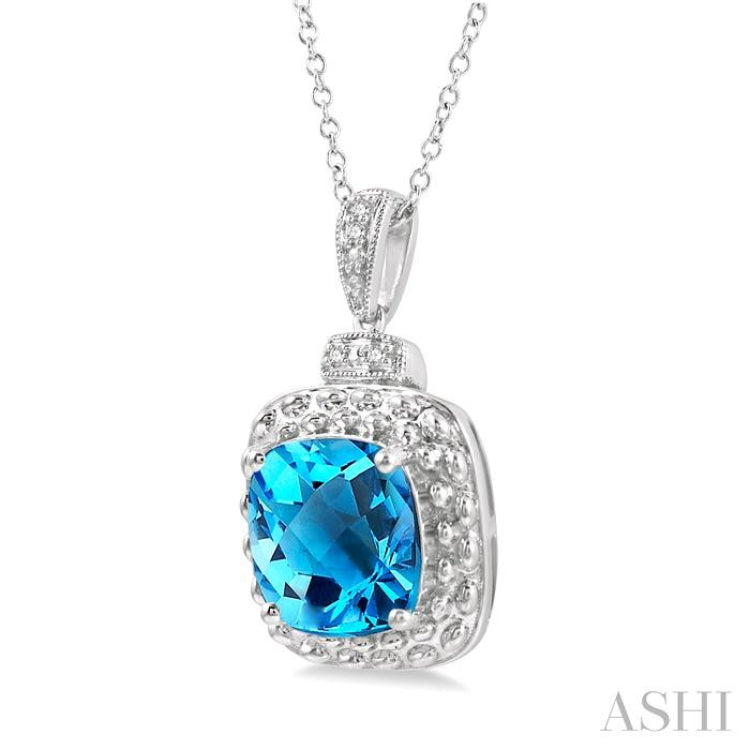 1/50 Ctw Round Cut Diamond & 10x10 MM Cushion Shape Blue Topaz Semi-Precious Pendant With Chain in Sterling Silver