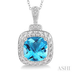 1/50 Ctw Round Cut Diamond & 10x10 MM Cushion Shape Blue Topaz Semi-Precious Pendant With Chain in Sterling Silver