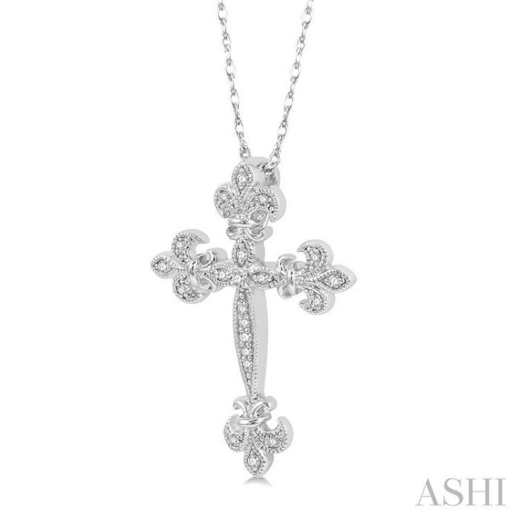 1/10 Ctw Fleur De Lis Round Cut Diamond Cross Pendant With Chain in 10K White Gold