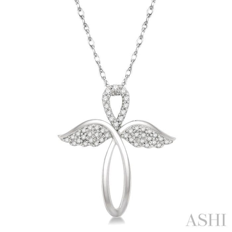 1/6 Ctw Angel Wing Round Cut Diamond Cross Pendant With Chain in 10K White Gold