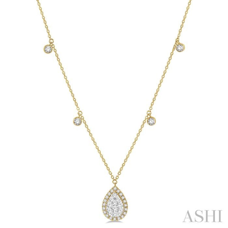 3/4 ctw Pear Shape Lovebright Round Cut Diamond Necklace in 14K Yellow and White Gold