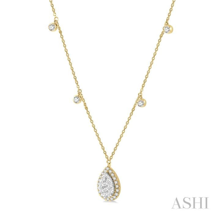 3/4 ctw Pear Shape Lovebright Round Cut Diamond Necklace in 14K Yellow and White Gold