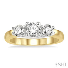 1 Ctw Round Cut Diamond Three-Stone Ring in 14K Yellow and White Gold