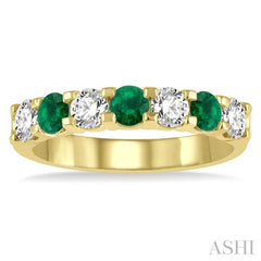 1/2 ctw Round Cut Diamond and 3.3MM Emerald Precious Wedding Band in 14K Yellow Gold