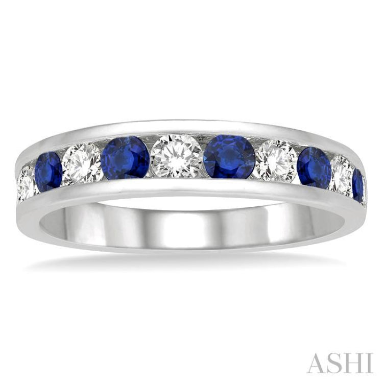 1/2 ctw Round Cut Diamond and 2.9MM Sapphire Precious Wedding Band in 14K White Gold