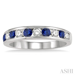 3/8 ctw Round Cut Diamond and 2.6MM Sapphire Precious Wedding Band in 14K White Gold