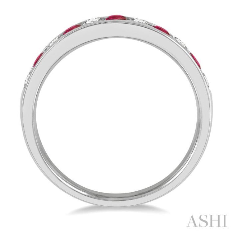 1/4 ctw Round Cut Diamond and 2.3MM Ruby Precious Wedding Band in 14K White Gold