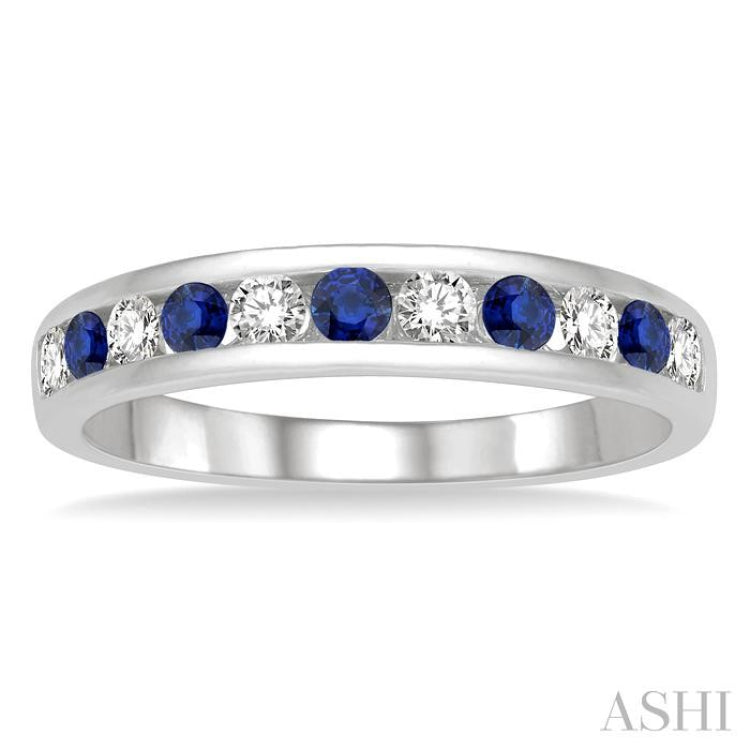 1/4 ctw Round Cut Diamond and 2.3MM Sapphire Precious Wedding Band in 14K White Gold